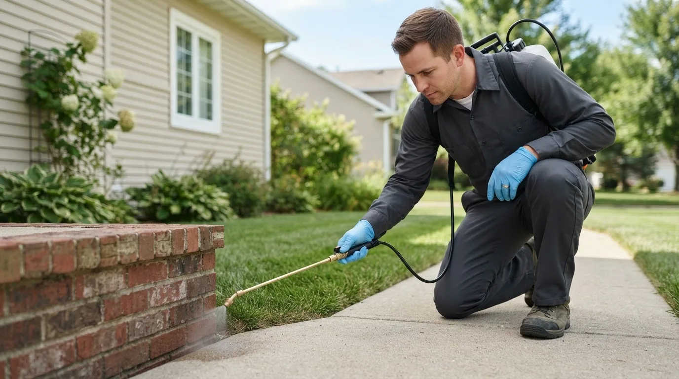 Pest control technician treating a home near Eyota, MN